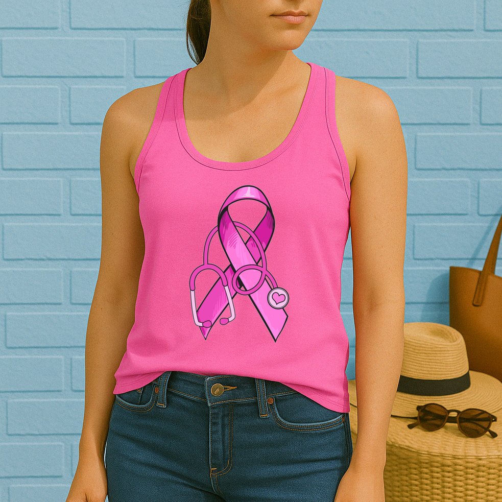 Breast Cancer Awareness Pink Ribbon Stethoscope Womens Tank Top