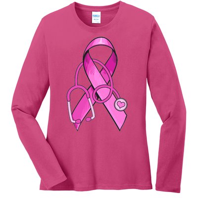 Breast Cancer Awareness Pink Ribbon Stethoscope Ladies Long Sleeve Shirt