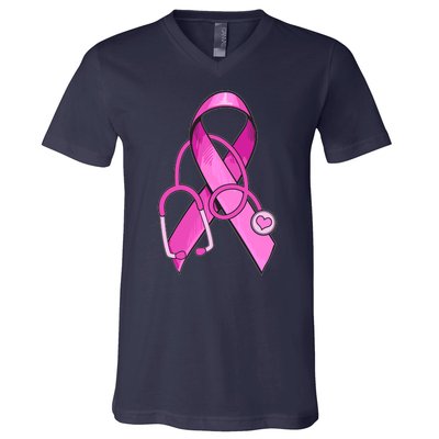 Breast Cancer Awareness Pink Ribbon Stethoscope V-Neck T-Shirt