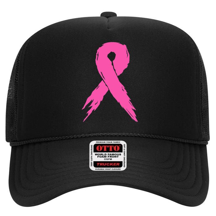 Breast Cancer Awareness Pink Ribbon High Crown Mesh Back Trucker Hat