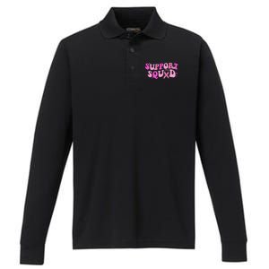 Breast Cancer Awareness Pink Warrior Groovy Support Squad Performance Long Sleeve Polo