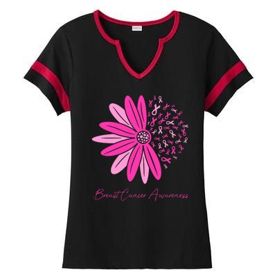 Breast Cancer Awareness Sunflower Ribbon Ladies Halftime Notch Neck Tee