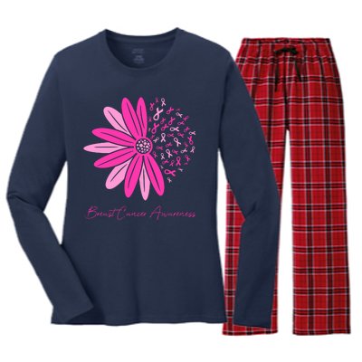 Breast Cancer Awareness Sunflower Ribbon Women's Long Sleeve Flannel Pajama Set 