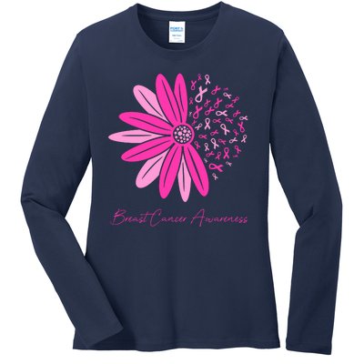 Breast Cancer Awareness Sunflower Ribbon Ladies Long Sleeve Shirt