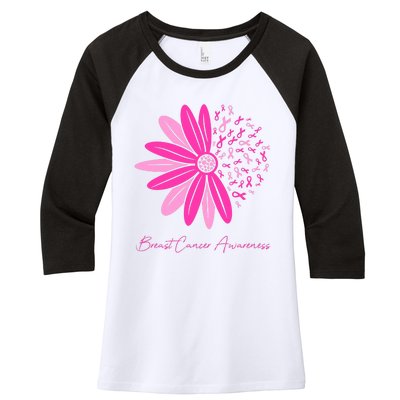 Breast Cancer Awareness Sunflower Ribbon Women's Tri-Blend 3/4-Sleeve Raglan Shirt