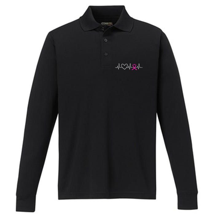 Breast Cancer Awareness Month Ribbon Heartbeat Performance Long Sleeve Polo