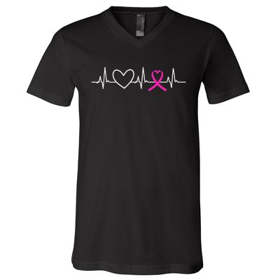 Breast Cancer Awareness Month Ribbon Heartbeat V-Neck T-Shirt