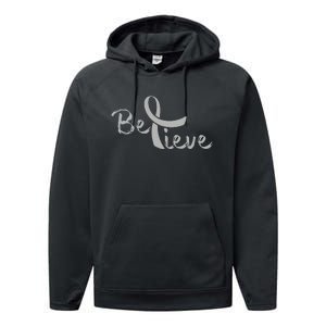 Brain Cancer Awareness Believe Cancer Grey Ribbon Performance Fleece Hoodie