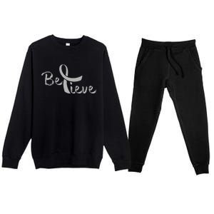 Brain Cancer Awareness Believe Cancer Grey Ribbon Premium Crewneck Sweatsuit Set