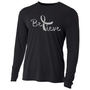 Brain Cancer Awareness Believe Cancer Grey Ribbon Cooling Performance Long Sleeve Crew