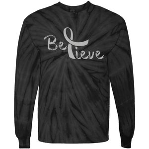 Brain Cancer Awareness Believe Cancer Grey Ribbon Tie-Dye Long Sleeve Shirt