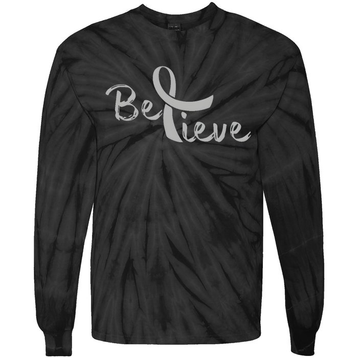 Brain Cancer Awareness Believe Cancer Grey Ribbon Tie-Dye Long Sleeve Shirt