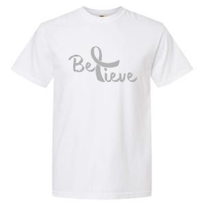 Brain Cancer Awareness Believe Cancer Grey Ribbon Garment-Dyed Heavyweight T-Shirt