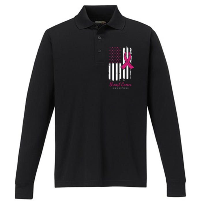 Breast Cancer Awareness US Flag Performance Long Sleeve Polo