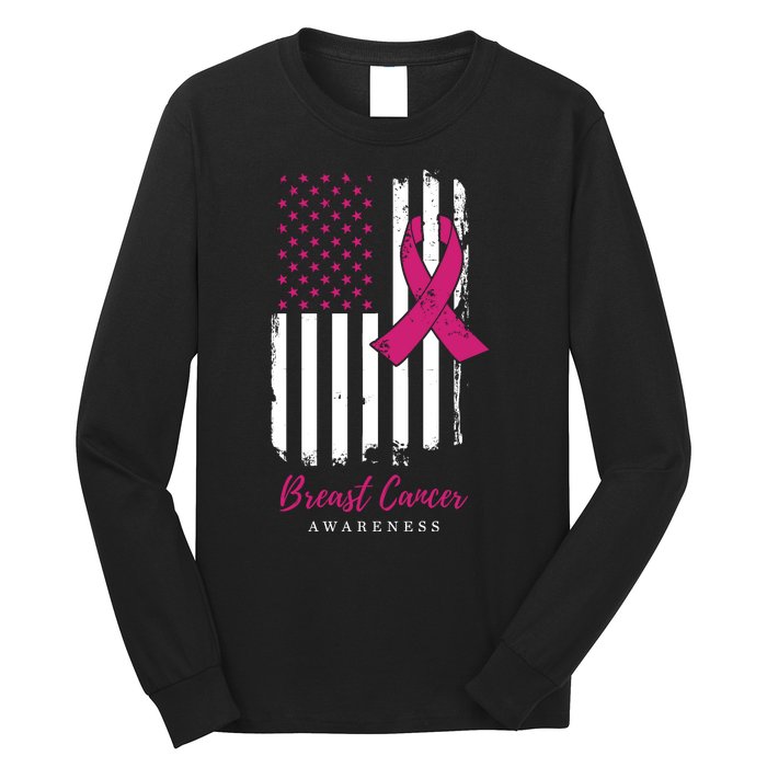 Breast Cancer Awareness US Flag Long Sleeve Shirt