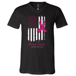 Breast Cancer Awareness US Flag V-Neck T-Shirt