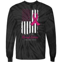 Breast Cancer Awareness US Flag Tie-Dye Long Sleeve Shirt