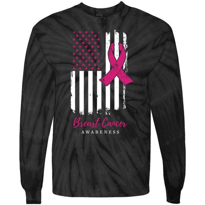 Breast Cancer Awareness US Flag Tie-Dye Long Sleeve Shirt