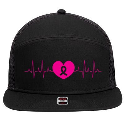 Breast Cancer Awareness Ribbon Heartbeat 7 Panel Mesh Trucker Snapback Hat