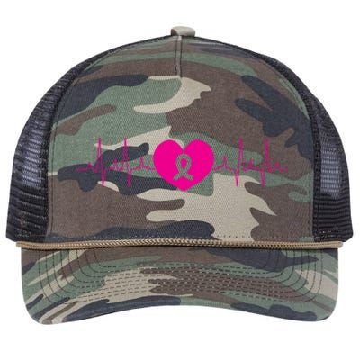 Breast Cancer Awareness Ribbon Heartbeat Retro Rope Trucker Hat Cap