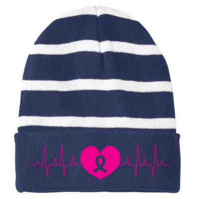 Breast Cancer Awareness Ribbon Heartbeat Striped Beanie with Solid Band