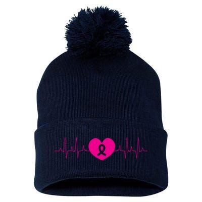 Breast Cancer Awareness Ribbon Heartbeat Pom Pom 12in Knit Beanie