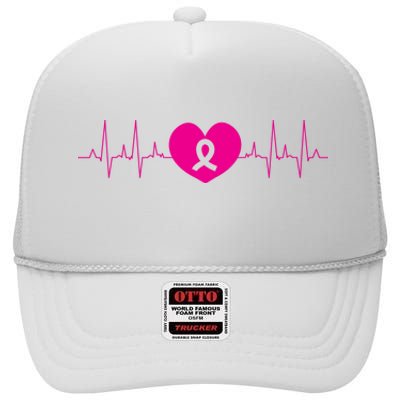 Breast Cancer Awareness Ribbon Heartbeat High Crown Mesh Back Trucker Hat