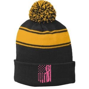 Breast Cancer Awareness Flag Usa Breast Cancer Warrior Stripe Pom Pom Beanie