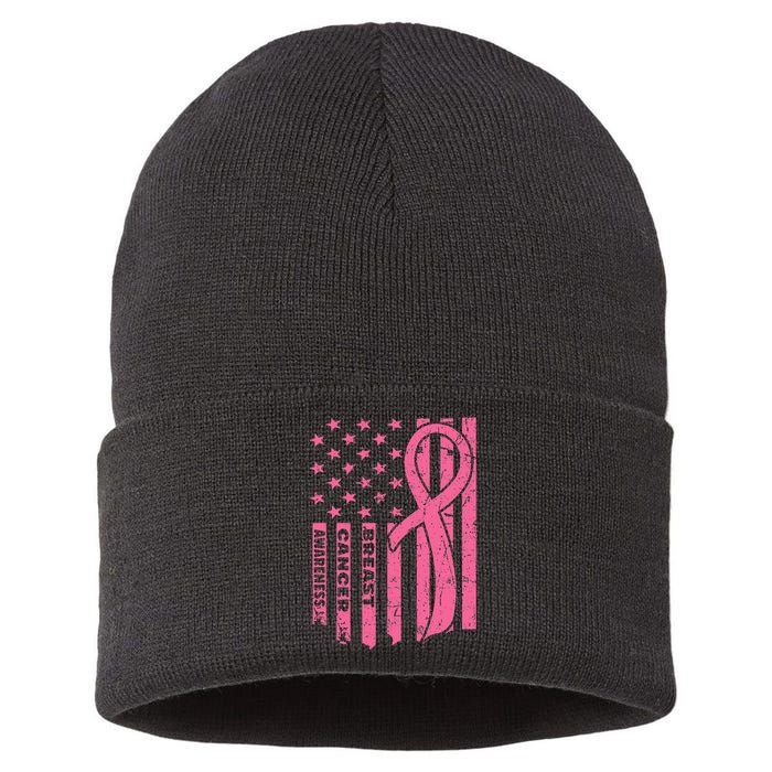 Breast Cancer Awareness Flag Usa Breast Cancer Warrior Sustainable Knit Beanie