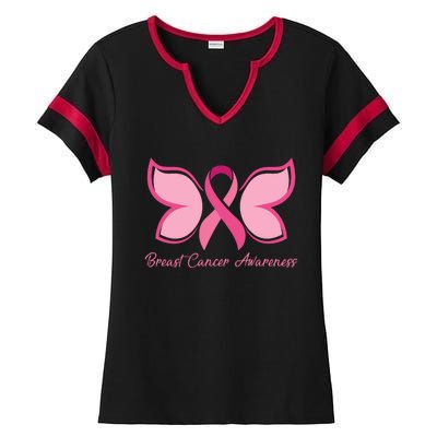 Breast Cancer Awareness Butterfly Pink Ribbon Ladies Halftime Notch Neck Tee