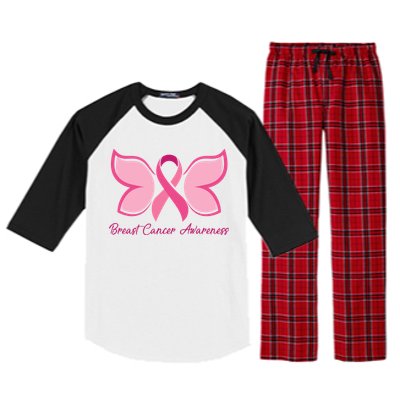 Breast Cancer Awareness Butterfly Pink Ribbon Raglan Sleeve Pajama Set