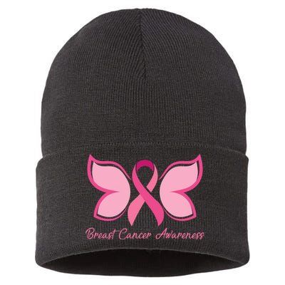 Breast Cancer Awareness Butterfly Pink Ribbon Sustainable Knit Beanie