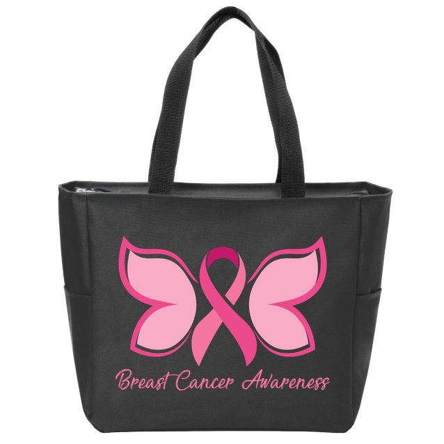 Breast Cancer Awareness Butterfly Pink Ribbon Zip Tote Bag