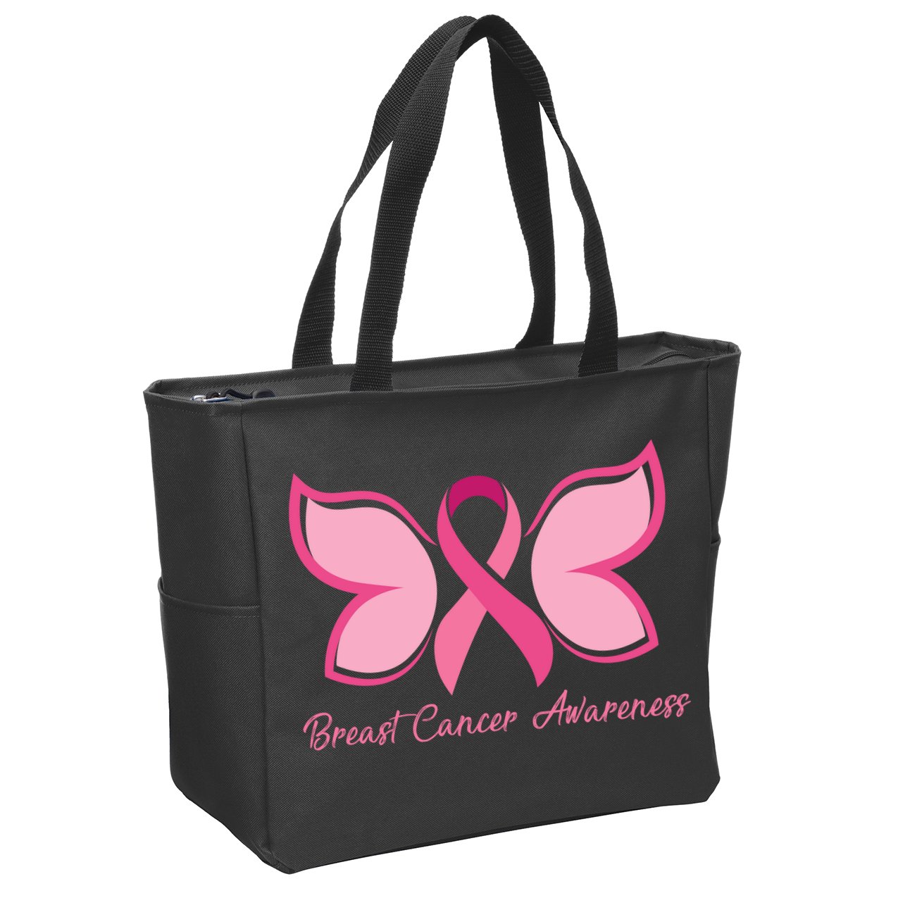 Breast Cancer Awareness Butterfly Pink Ribbon Zip Tote Bag