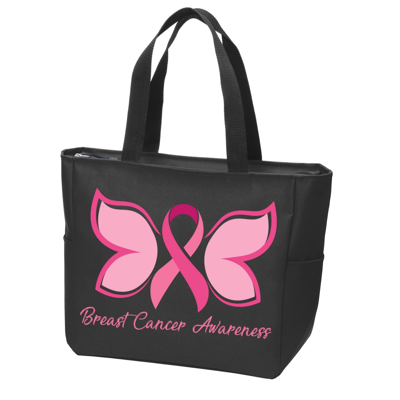 Breast Cancer Awareness Butterfly Pink Ribbon Zip Tote Bag