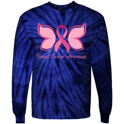 Breast Cancer Awareness Butterfly Pink Ribbon Tie-Dye Long Sleeve Shirt