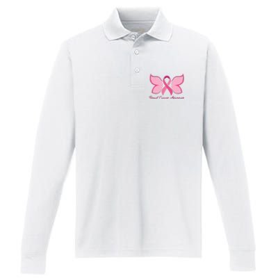 Breast Cancer Awareness Butterfly Pink Ribbon Performance Long Sleeve Polo