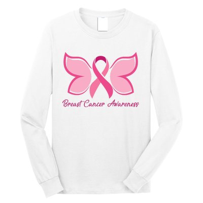 Breast Cancer Awareness Butterfly Pink Ribbon Long Sleeve Shirt