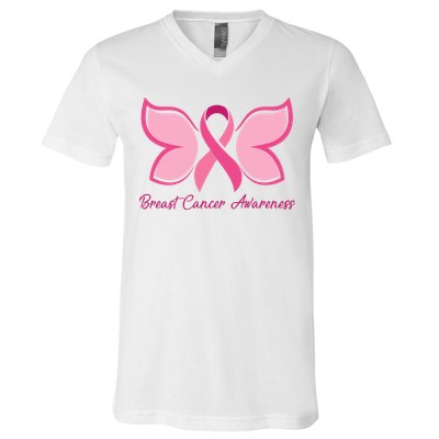 Breast Cancer Awareness Butterfly Pink Ribbon V-Neck T-Shirt