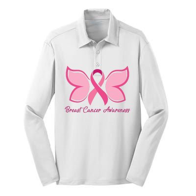 Breast Cancer Awareness Butterfly Pink Ribbon Silk Touch Performance Long Sleeve Polo