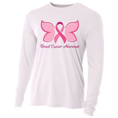 Breast Cancer Awareness Butterfly Pink Ribbon Cooling Performance Long Sleeve Crew