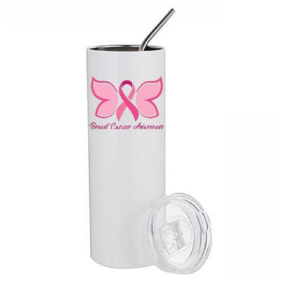 Breast Cancer Awareness Butterfly Pink Ribbon Stainless Steel Tumbler