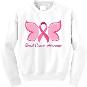 Breast Cancer Awareness Butterfly Pink Ribbon Kids Sweatshirt