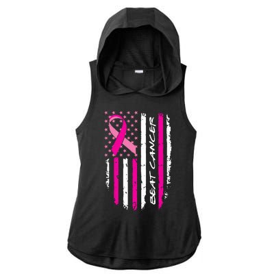 Breast Cancer Awareness USA Distressed Flag Ladies PosiCharge Tri-Blend Wicking Draft Hoodie Tank