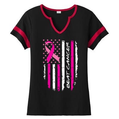 Breast Cancer Awareness USA Distressed Flag Ladies Halftime Notch Neck Tee