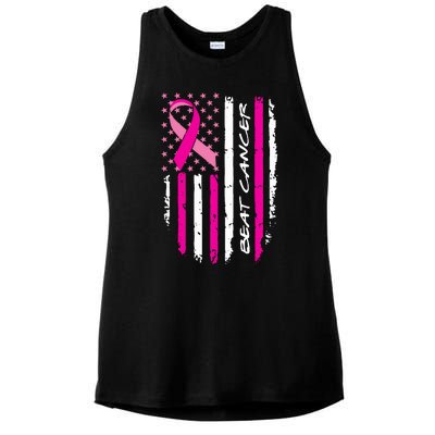 Breast Cancer Awareness USA Distressed Flag Ladies PosiCharge Tri-Blend Wicking Tank