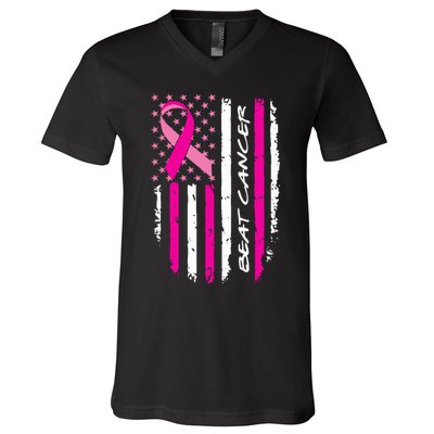 Breast Cancer Awareness USA Distressed Flag V-Neck T-Shirt