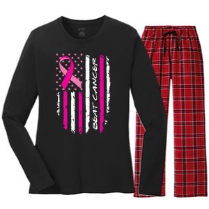 Breast Cancer Awareness USA Distressed Flag Women's Long Sleeve Flannel Pajama Set 