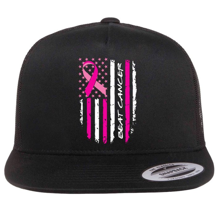 Breast Cancer Awareness USA Distressed Flag Flat Bill Trucker Hat