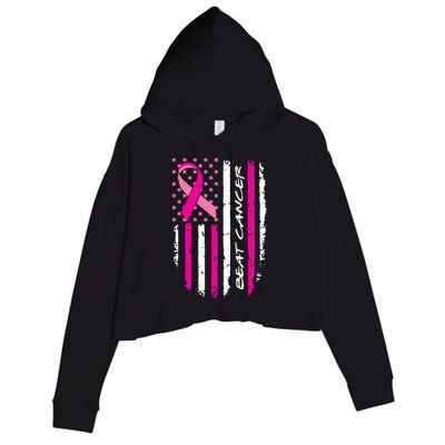 Breast Cancer Awareness USA Distressed Flag Crop Fleece Hoodie